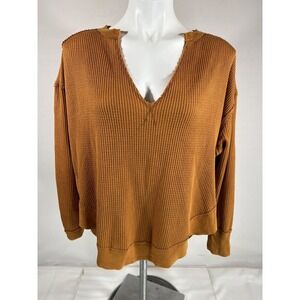 We Free People Distressed Shirt Womens XS Brown Knit Elbow Patches V Neck